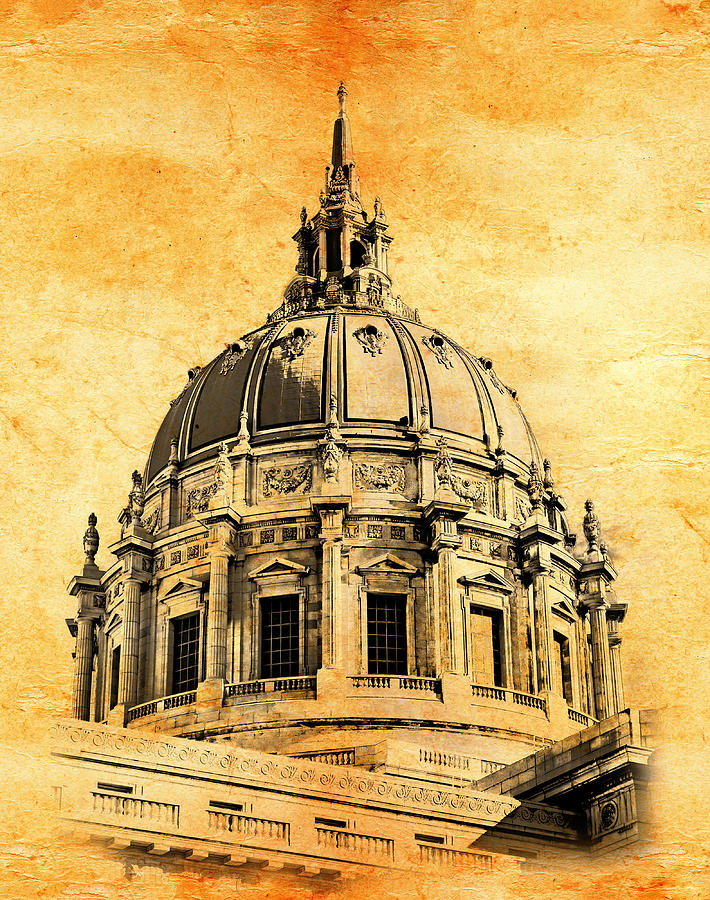 The dome of the San Francisco City Hall blended on old paper Digital Art by Nicko Prints
