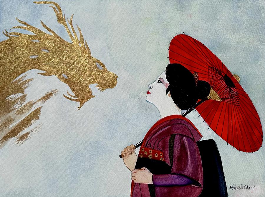 The Dragon and The Geisha Watercolor Painting by Kimberly Walker