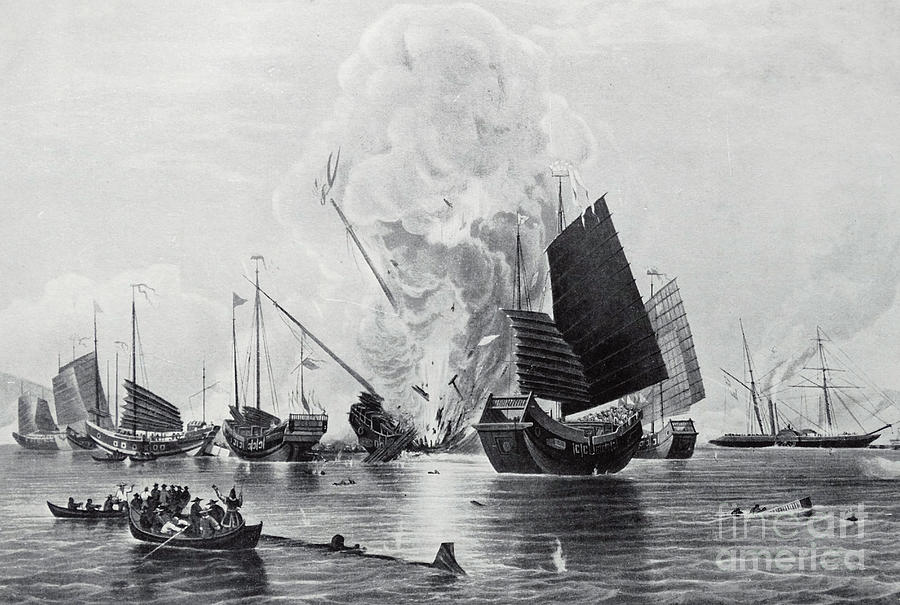 The East India Companys steamship Nemesis destroying Chinese War Junks at Chuenpee, 1841 Drawing by English School