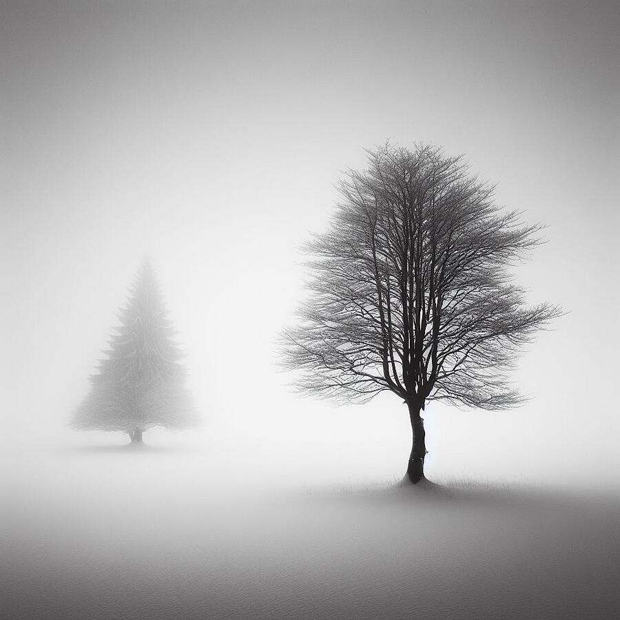The Eerie Dance of Leafless and Evergreen Trees in the Mist Digital Art by Artfinity X The Eerie Dance of Leafless and Evergreen Trees in the Mist Digital Art by Artfinity X