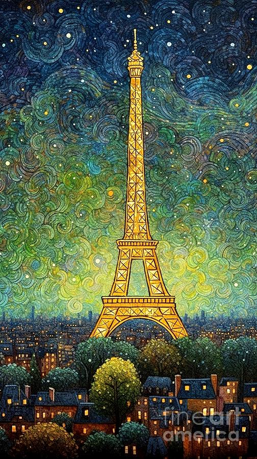 The Eiffel tower at night Mixed Media by Binka Kirova