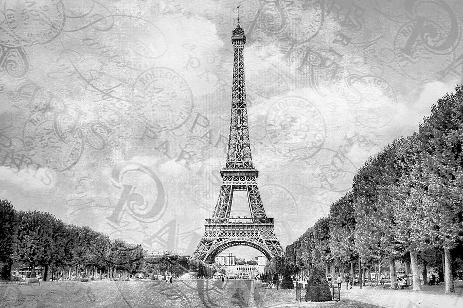 The Eiffel Tower in Black and White Digital Art by Debra and Dave Vanderlaan