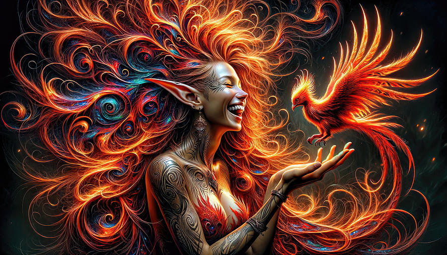 The Elven Whisperer and Her Phoenix Digital Art by Bill and Linda Tiepelman