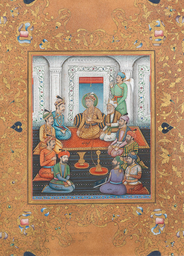 THE EMPEROR AKBAR IN DURBAR WITH NOBLEMEN AND ATTENDANTS Delhi, late 19th Century Painting by Artistic Rifki