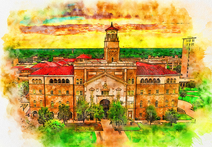 The English and Philosophy Building of the Texas Tech University - pen and watercolor Digital Art by Nicko Prints