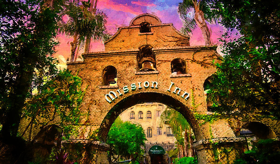 Architecture Digital Art - The entrance of the Mission Inn Hotel and Spa courtyard in Riverside, California by Nicko Prints