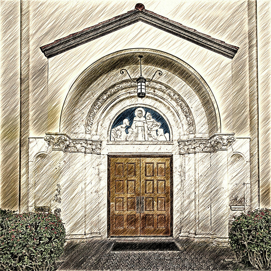 The entrance of the St. Anthony Catholic Church in Fort Lauderdale, Florida - pencil sketch Digital Art by Nicko Prints