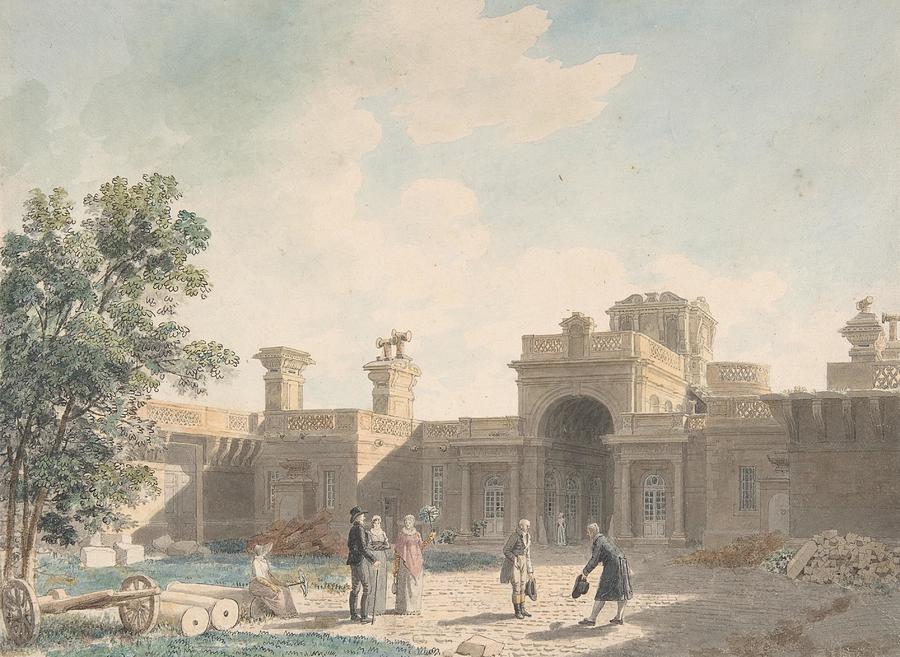 Christmas Drawing - The Entrance Portico of the Chateau dAnet seen from the interior of the courtyard art by Jean Lubin Vauzelle French