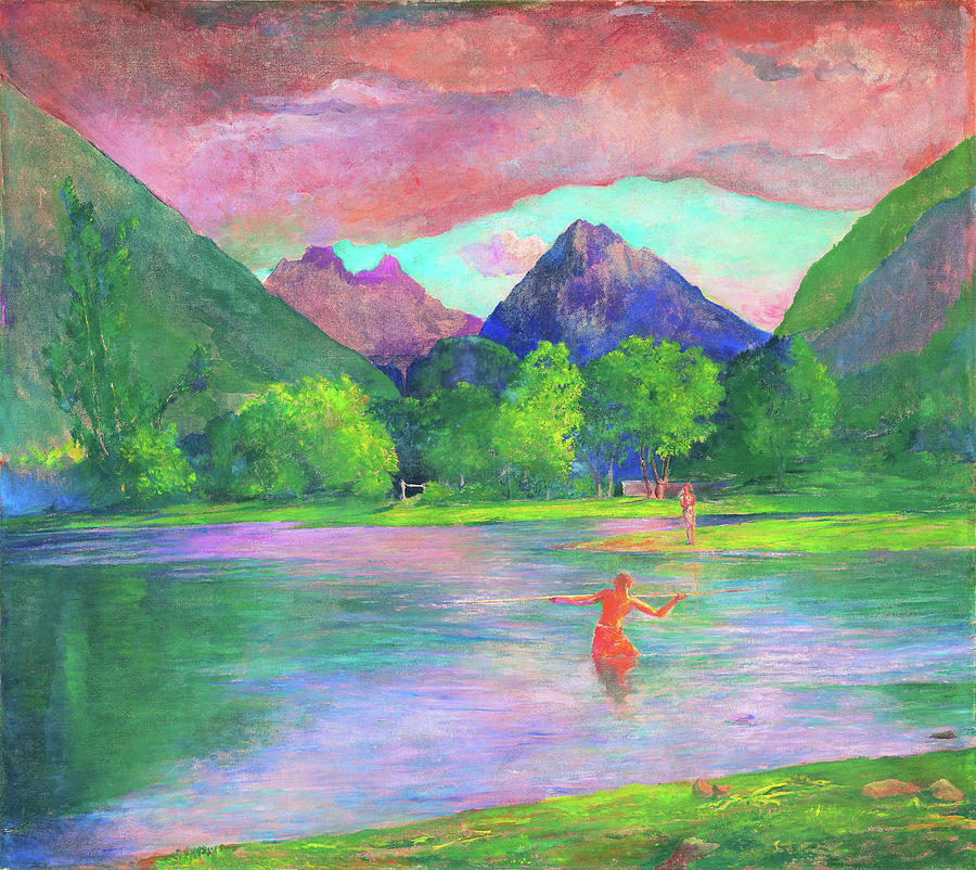 Sunset Painting - The Entrance to the Tautira River, Tahiti. Fisherman Spearing a Fish - Digital Remastered Edition by John La Farge
