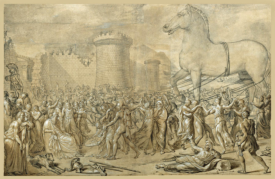Curiosity and oddity Amazing historical  Trojan war print original antique  battle engraving Greek war plate 1874 of The Trojan Horse