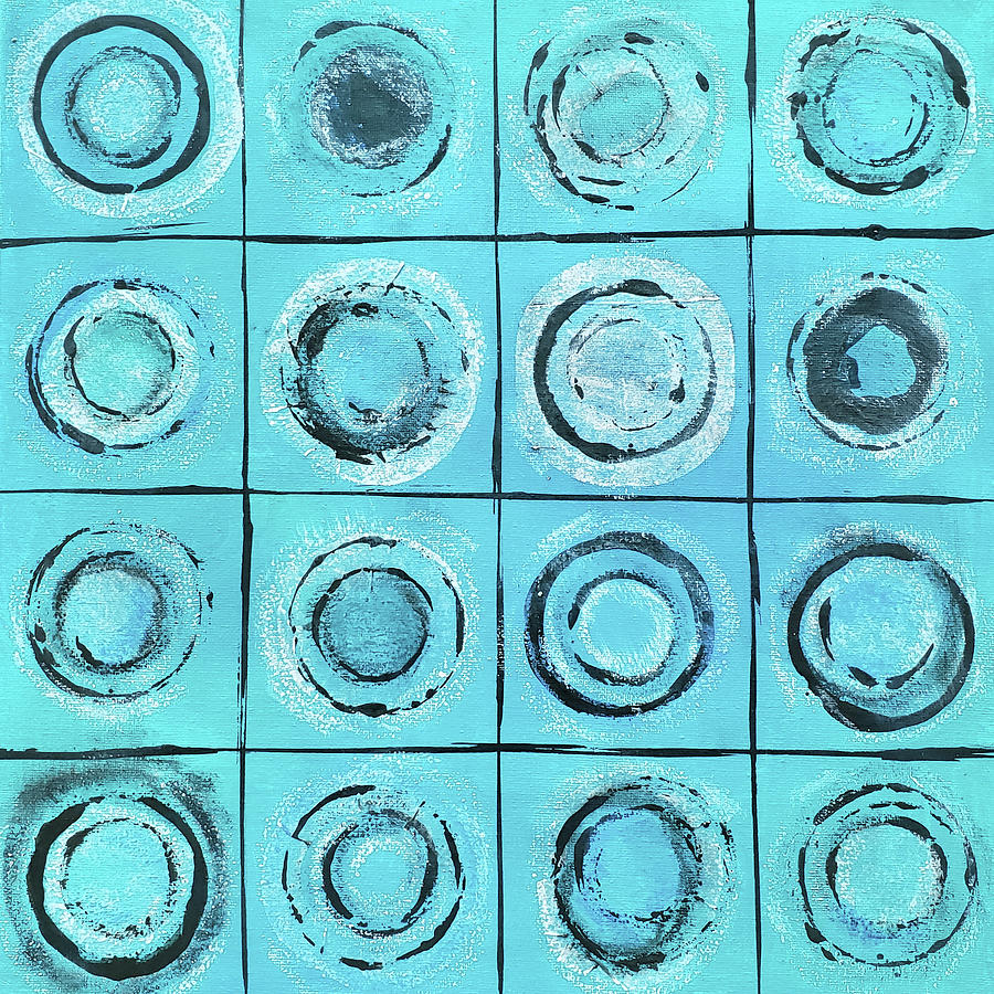 THE EYE OF THE BEHOLDER Abstract Painting Circles Squares Turquoise Aqua Blue Brown  Painting by Lynnie Lang