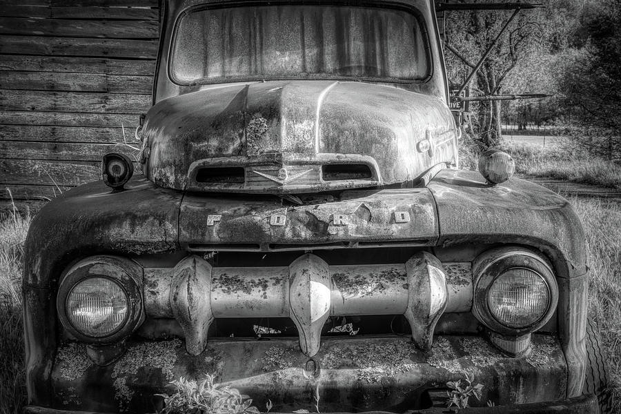 The Face of an Old Ford Truck Black and White Photograph by Debra and Dave Vanderlaan