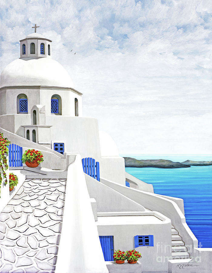 The Face of Santorini-Print of painting-wider view Painting by Mary Grden
