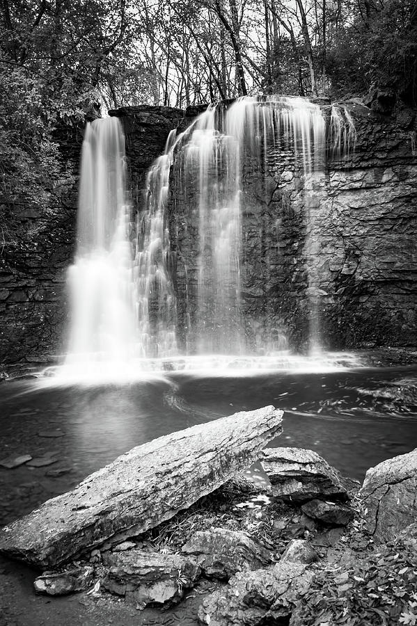 The Falls Along Hayden Run In Black And White - Columbus Ohio Photograph by Gregory Ballos