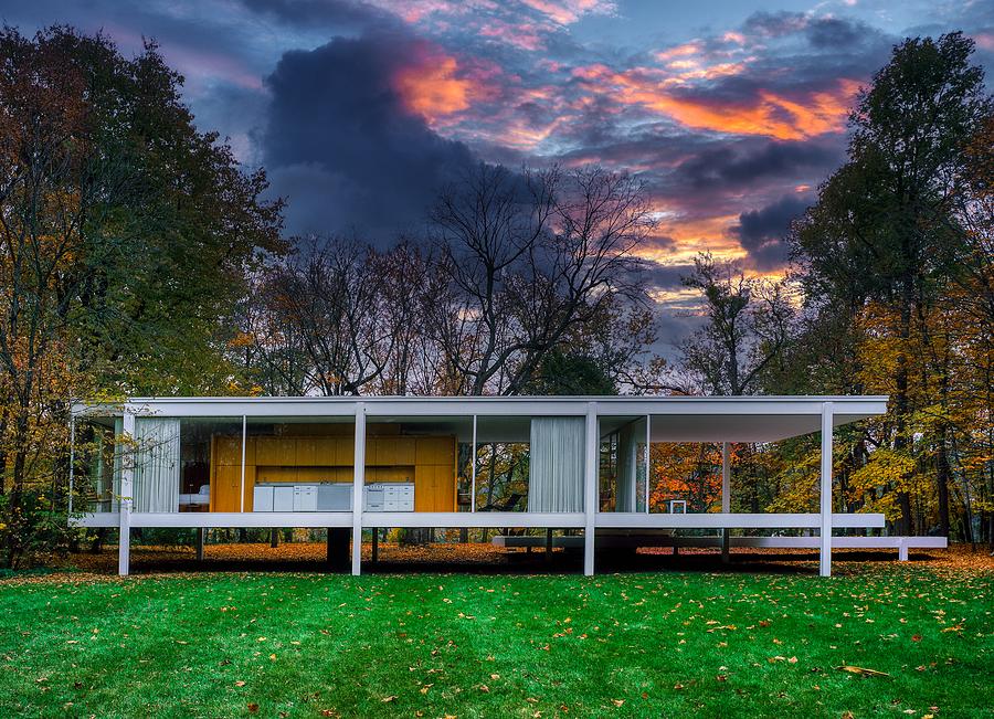 Architecture Photograph - The Farnsworth House At Sunset by Mountain Dreams