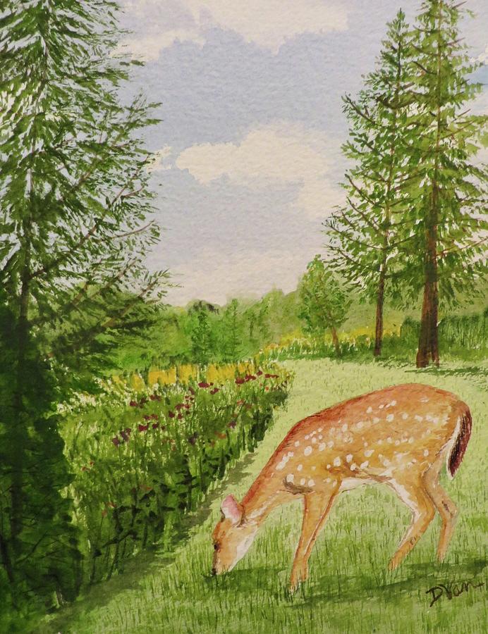 The Fawn on the Pond Path Painting by Denise Van Deroef
