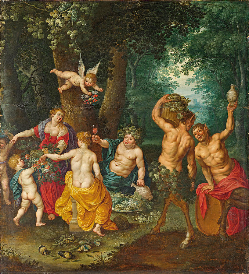 The Feast of Bacchus, Sine Cerere et Baccho friget Venus Painting by Jan Brueghel the Younger and  Jan van Balen