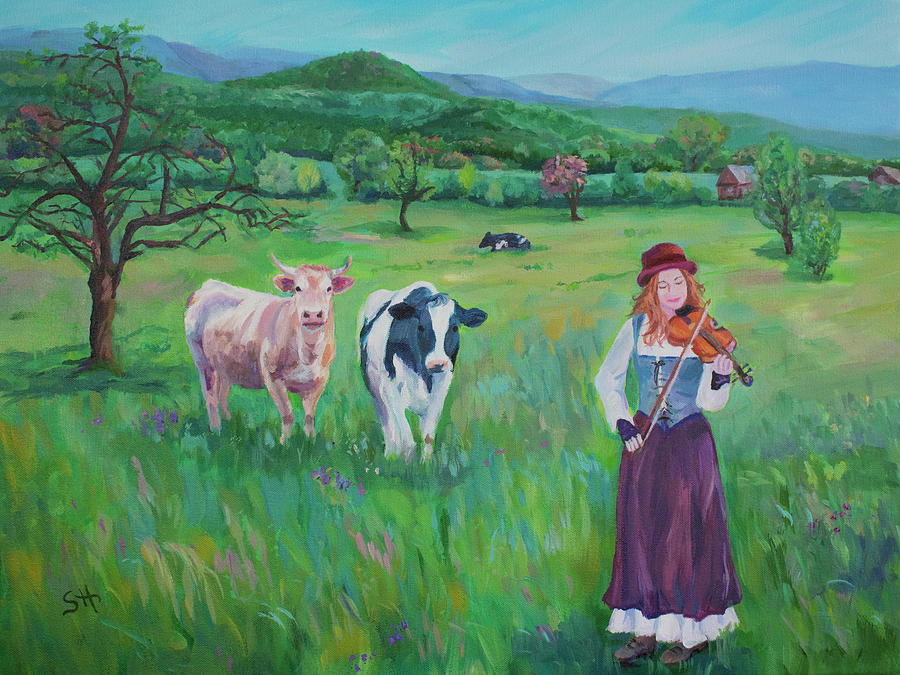 Cow Painting - The Fiddler and Her Cows by Sandy Herrault