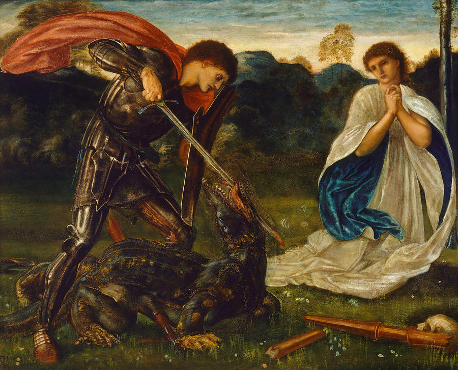 The fight St George kills the dragon, 1866  Painting by Edward Burne-Jones