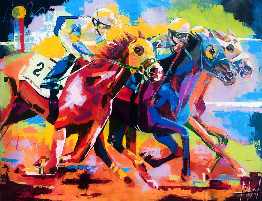Horse Painting - The finishing post- LARGE WORK by Angie Wright