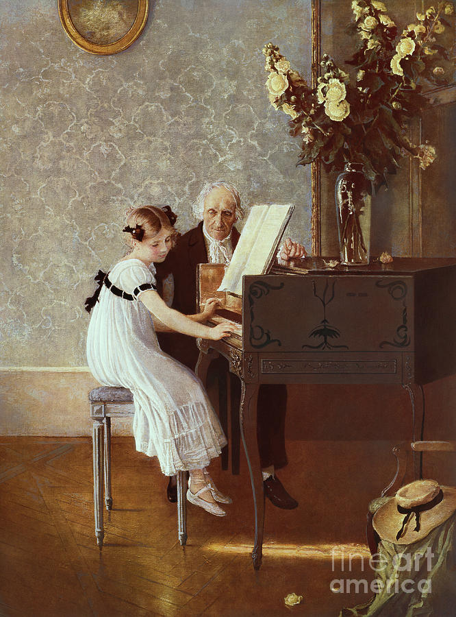 Music Painting - The first piano lesson  AKG117184 by Jules Alexis Muenier
