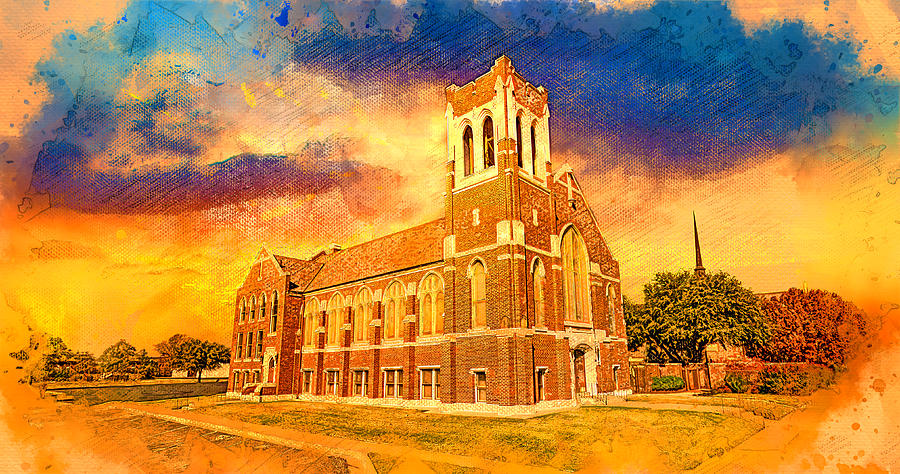 The First Presbyterian Church in Abilene, Texas at sunset - digital painting Digital Art by Nicko Prints