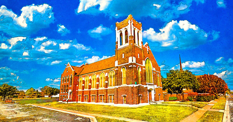 The First Presbyterian Church in Abilene, Texas - digital painting with vintage look Digital Art by Nicko Prints
