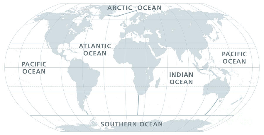 The five oceans of the world, model of oceanic divisions, gray map ...