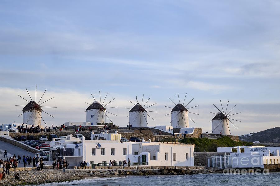 The Five Windmills along the waterfront at Chora,  Mykonos Town, Mykonos, Greece in the Cyclades Islands Photograph by William Kuta