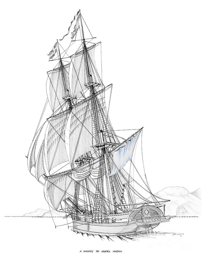 The Flagship of Andreas Miaoulis Drawing by Panagiotis Mastrantonis
