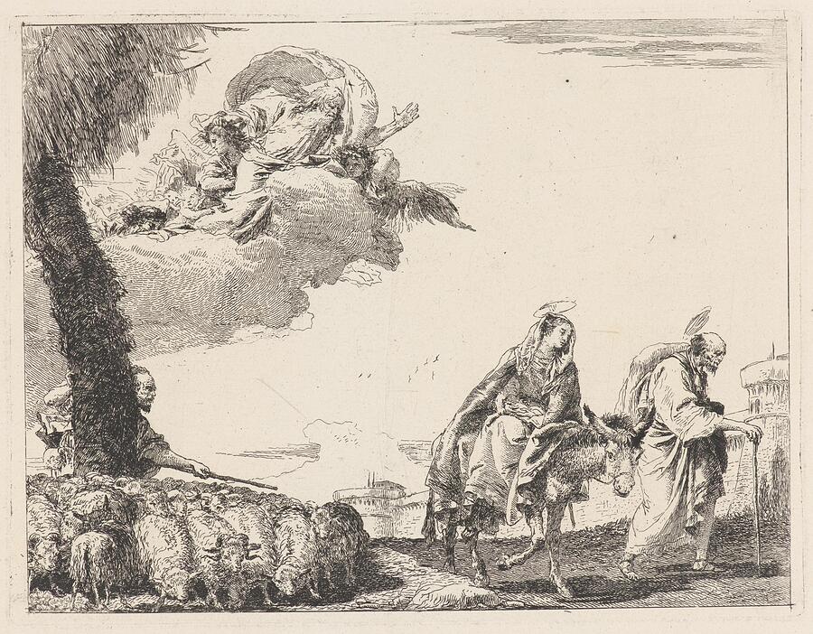 Animal Painting - The Flight with the Holy Family at the Right  by Giovanni Domenico Tiepolo Italian