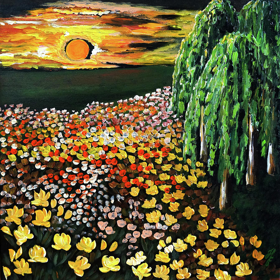 Flower Painting - The flower field by the hanging birches by Helene Persson