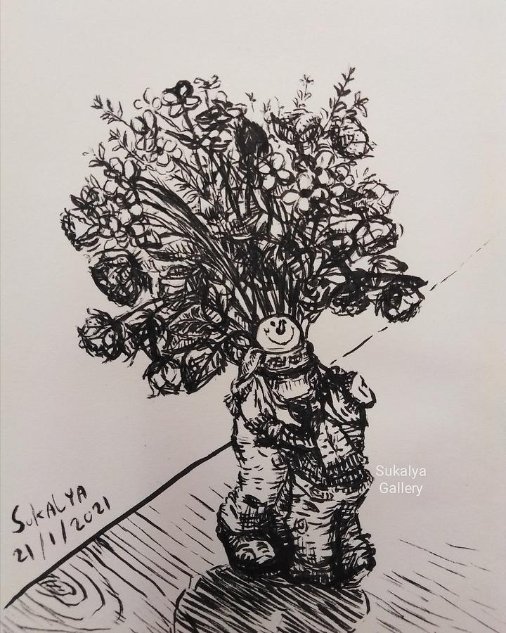 The Flower Head Man Drawing by Sukalya Chearanantana