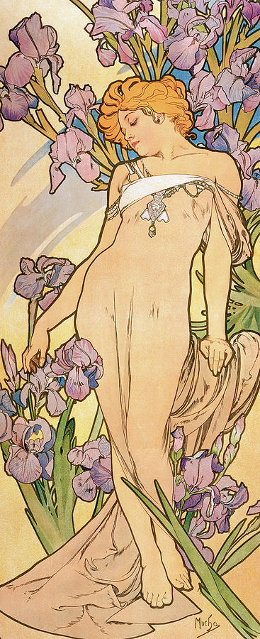 Alphonse Mucha - The Flowers Iris ステンドグラス アートガラス-