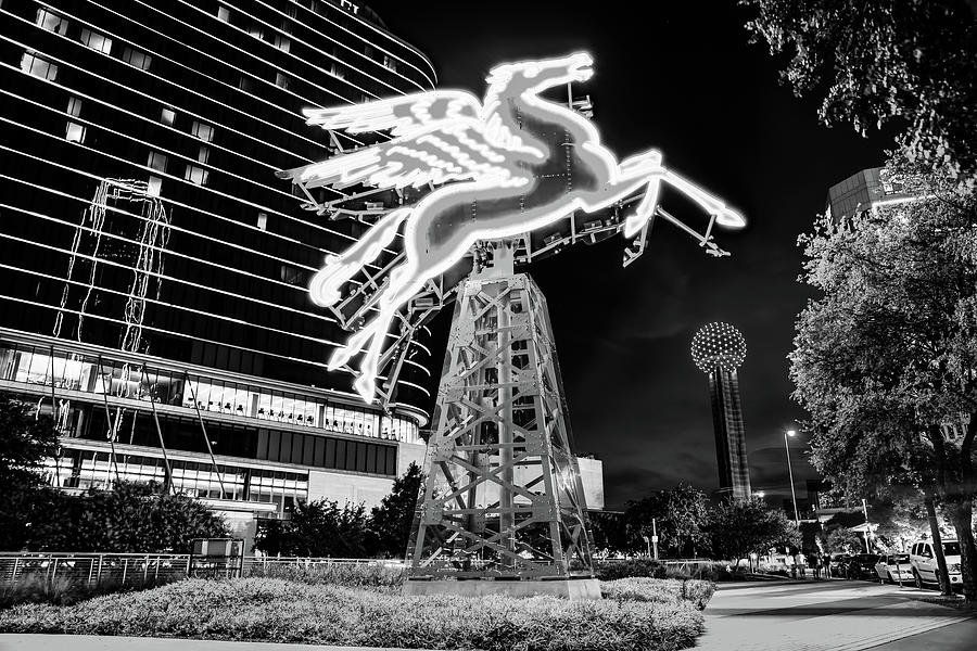 Black And White Photograph - The Flying Pegasus In Downtown Dallas And Reunion Tower - Black and White by Gregory Ballos
