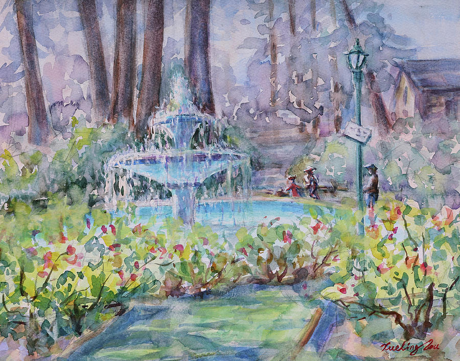 The Fountain in San Jose Municipal Rose Garden California Painting by Xueling Zou