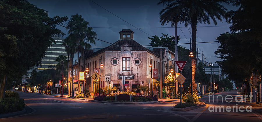 Architecture Photograph - The Fountain Kitchen and Wine Bar in Sarasota at Blue Hour 2 by Liesl Walsh