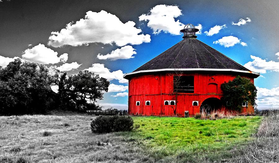 The Fountaingrove Round Barn, near Santa Rosa, with transition from color to black and white Digital Art by Nicko Prints