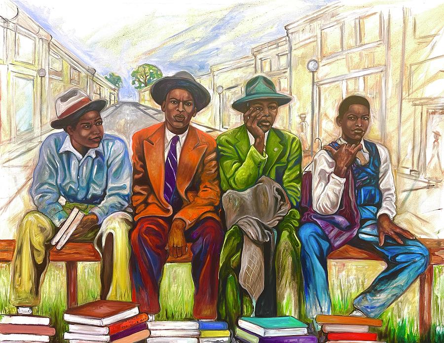 The four Wiseman African-American men sit on a bench Painting by Emery Franklin