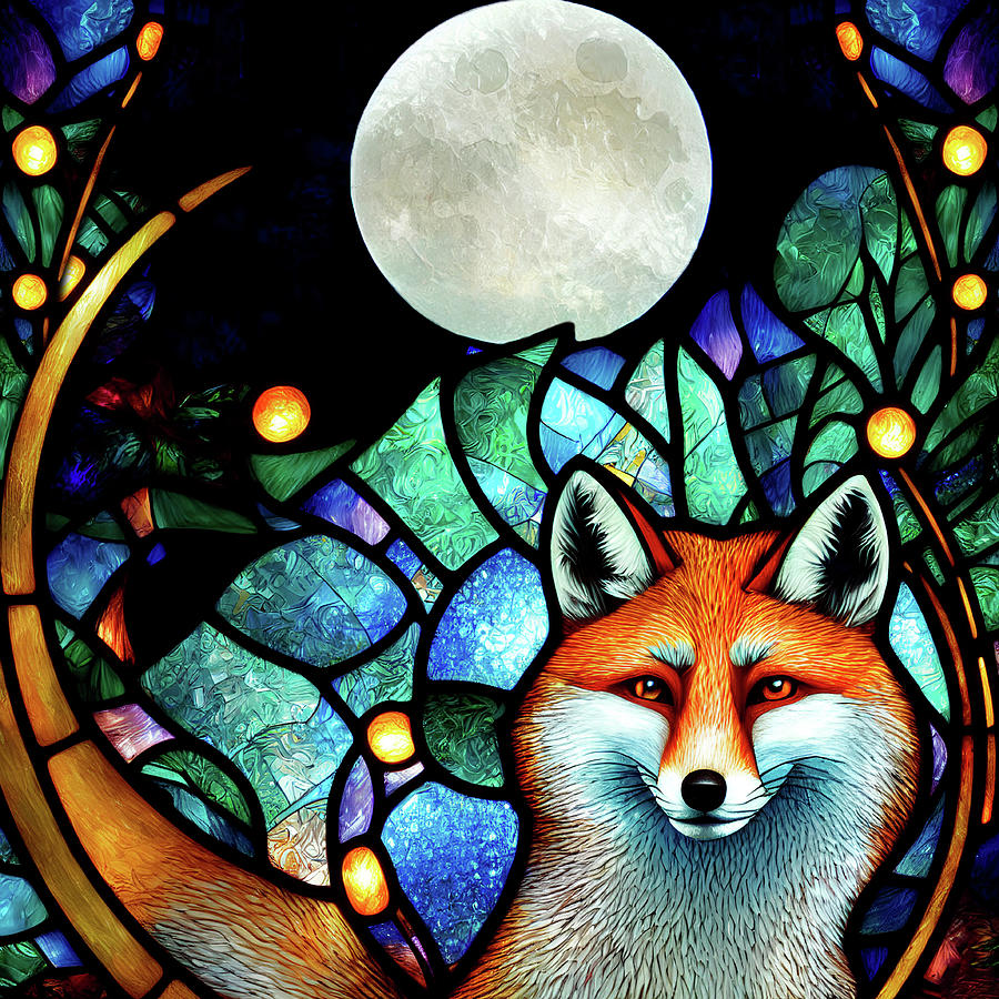 The Fox and the Moon - Stained Glass Digital Art by Peggy Collins