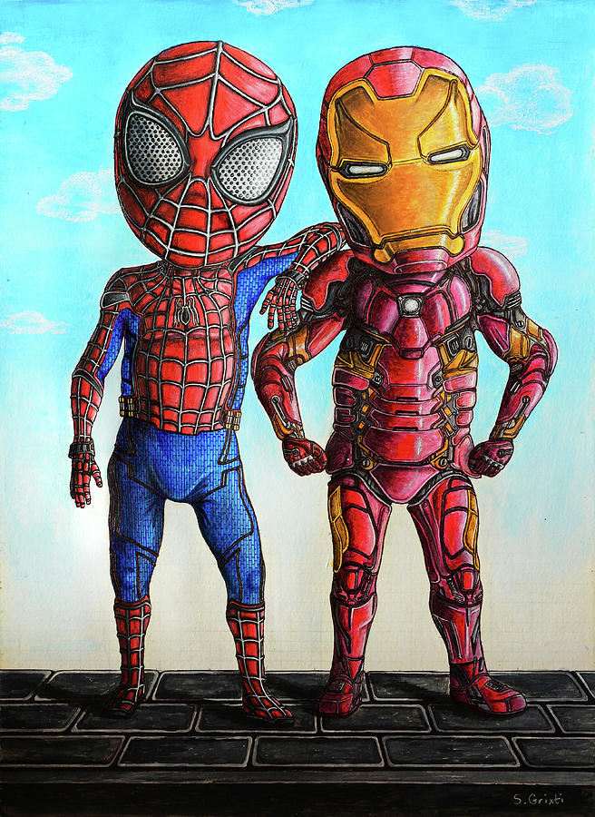 The Friendly Spiderman and Ironman are buddies - Acrylic painting fan artwork Painting by Stephan Grixti