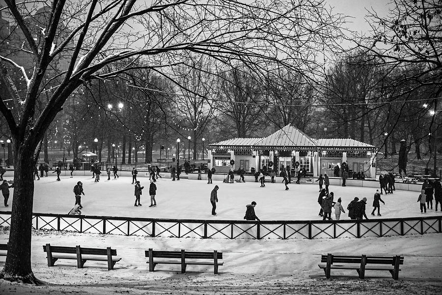 The frog pond ice skating rink in winter Boston MA Boston Common Black and White Photograph by Toby McGuire