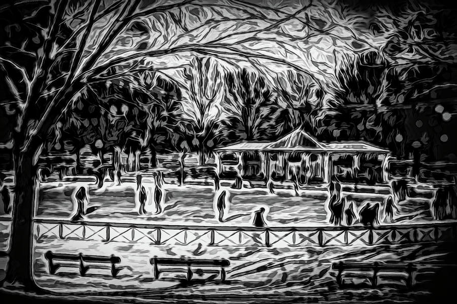 The frog pond ice skating rink in winter Boston MA Boston Common Digital Painting Black and White Digital Art by Toby McGuire