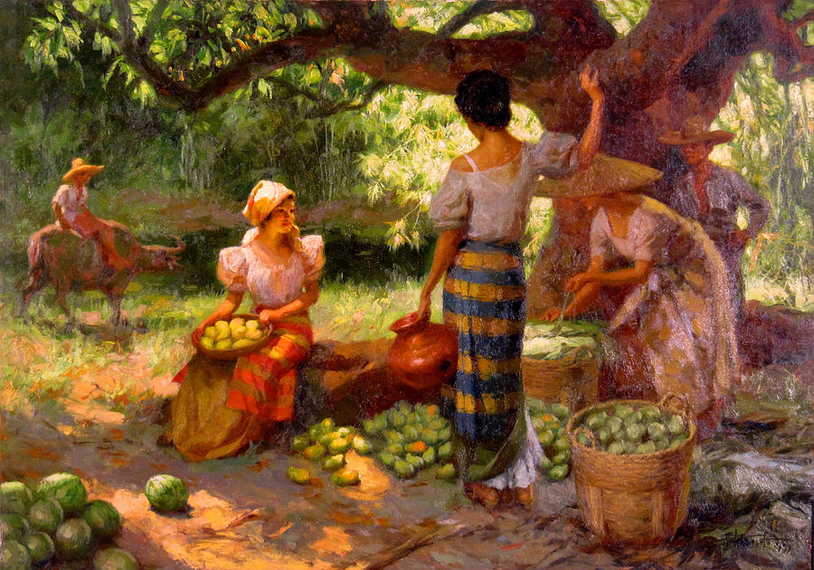 Filipino Painting - The Fruit Pickers Under the Mango Tree  by Amorsolo