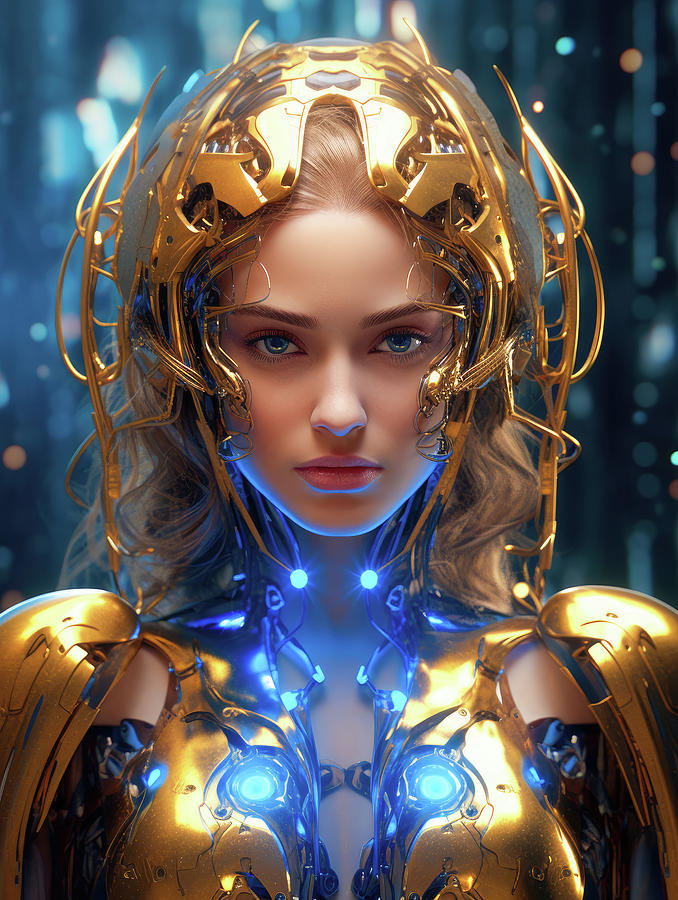 The Future of AI 50 Cyborg Gold and Blue Digital Art by Matthias Hauser