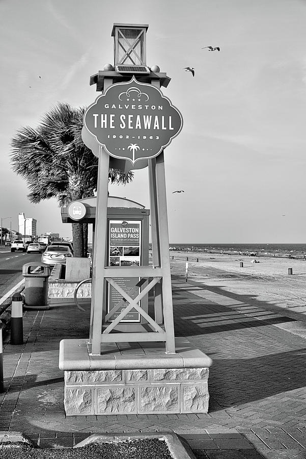 The Galveston Seawall Sign Black and White Photograph by JC Findley