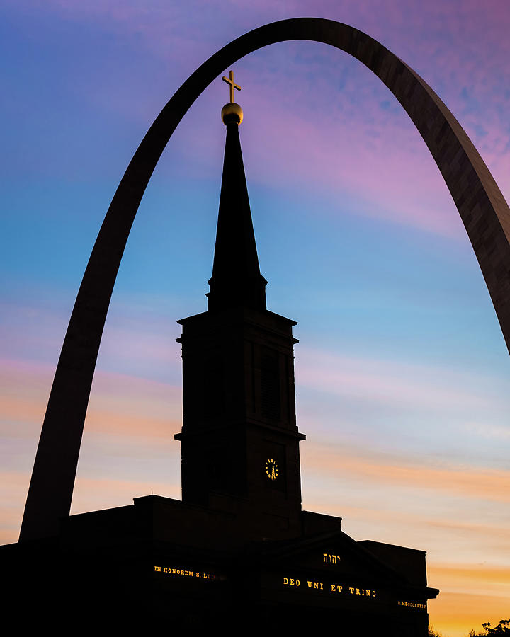 St. Louis Photograph - The Gateway Arch And Old Cathedral - Saint Louis Sunrise by Gregory Ballos