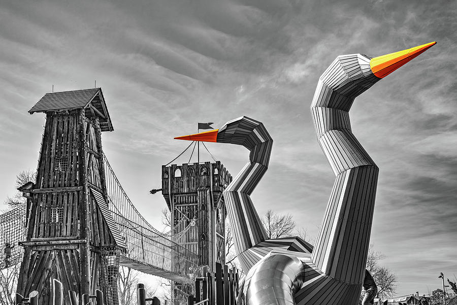 The Gathering Place Adventure Playground and Big Herons - Selective Color Photograph by Gregory Ballos
