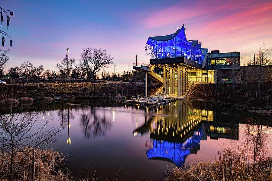 The Gathering Place Boathouse Sunset Reflections - Tulsa Oklahoma Photograph by Gregory Ballos