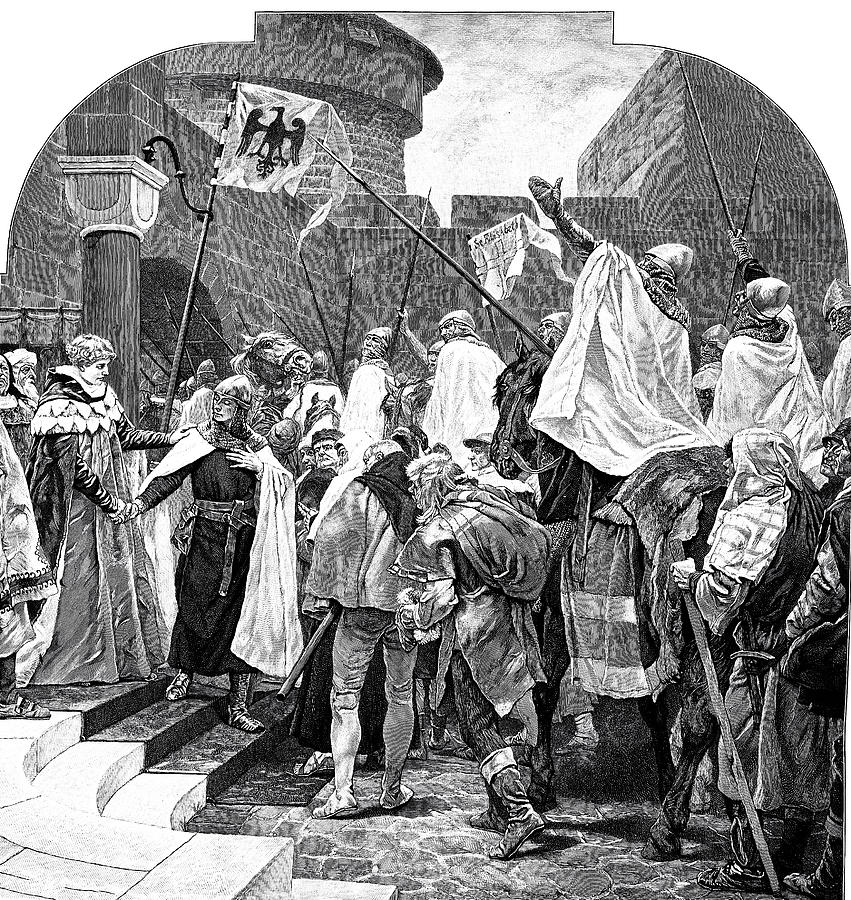 The German Emperor Friedrich II bid farewell to the knights of the Deutsche Orden in Marburg Drawing by Clu